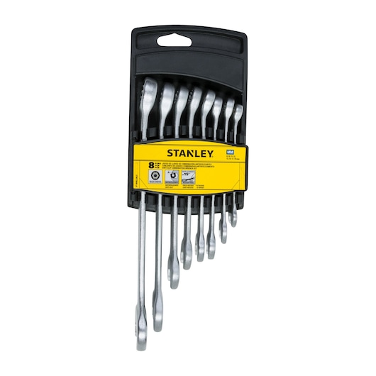 STANLEY STMT73648-LA wrench set, 8-piece, silver finish, in black plastic holder, front view on white background.