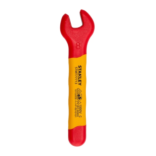 STANLEY STMT77713-LA insulated open-end wrench, red and yellow, front angle on white background.