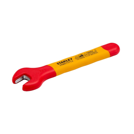 STANLEY STMT77713-LA insulated open-end wrench, red and yellow handle, left angle on white background.