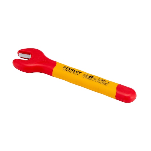 STANLEY STMT77713-LA insulated open end wrench, red and yellow handle, side angle on white background.