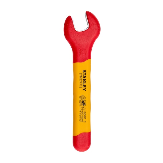 STANLEY STMT77715-LA insulated open-end wrench, red and yellow handle, front view on white background.