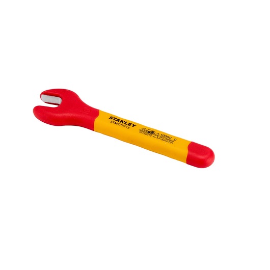 STANLEY STMT77715-LA insulated open-end wrench, red and yellow handle, product side angle on white background.