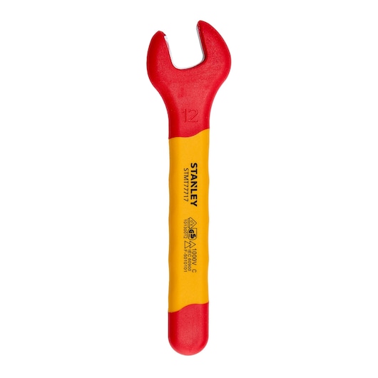 Stanley STMT77717-LA insulated open-end wrench, red and yellow, top view on white background.