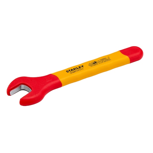 STANLEY STMT77717-LA insulated open-end wrench, red and yellow handle, front angle, white background.