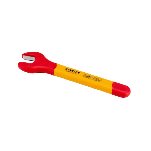 STANLEY STMT77717-LA insulated open-end wrench, red and yellow handle, side angle on white background.