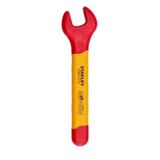 STANLEY STMT77718-LA insulated open-end wrench, red and yellow, front view on white background.