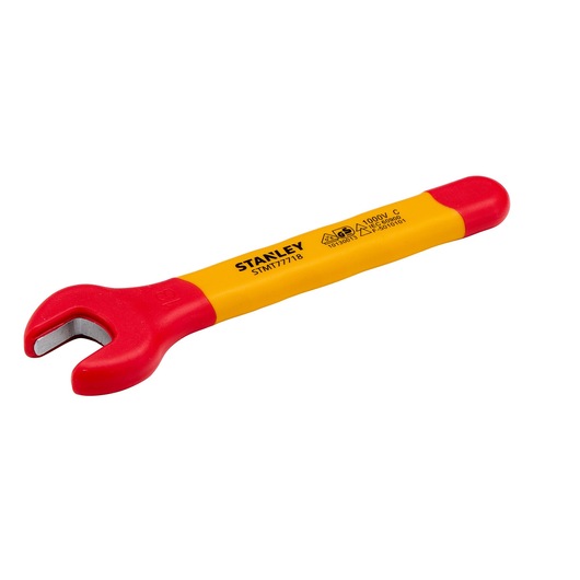 STANLEY STMT77718-LA insulated open-end wrench with red and yellow handle, left side view, on white background.