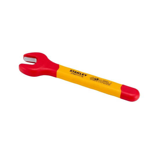 STANLEY STMT77718-LA insulated open-end wrench, red and yellow, top angle, hand tool on white background.