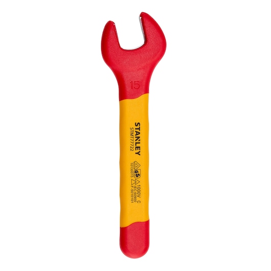 STANLEY STMT77722-LA insulated open-end wrench, red and yellow, photo on white background, front angle.
