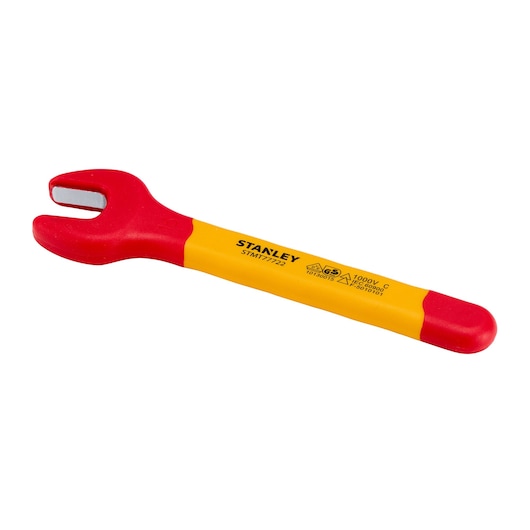STANLEY STMT77722-LA insulated open-end wrench, red and yellow handle, side angle on white background.