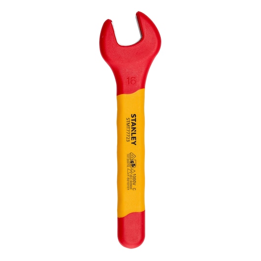 STANLEY STMT77723-LA insulated open-end wrench, red and yellow, front view on white background.