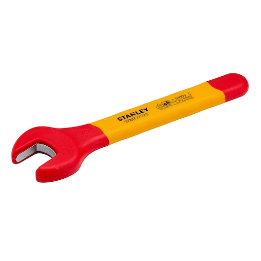 STANLEY STMT77723-LA insulated open-end wrench with red and yellow handle, front angle on white background.