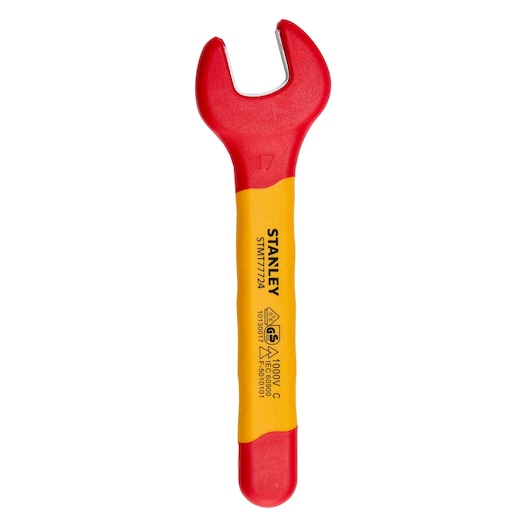STANLEY STMT77724-LA insulated open-end wrench, red and yellow handle, photography, top-down angle on white background.
