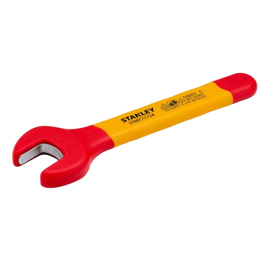 STANLEY STMT77724 insulated open-end wrench, red and yellow handle, product photography on white background.
