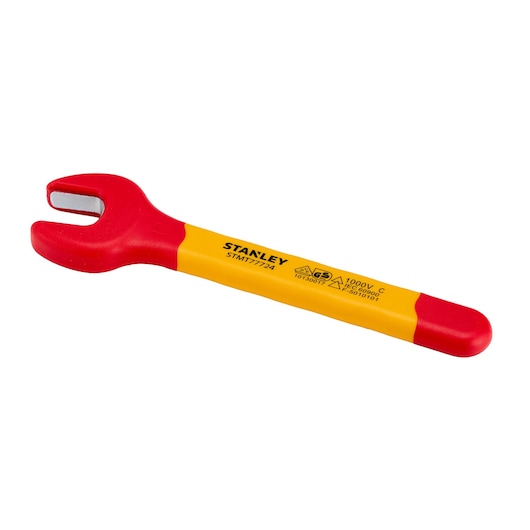 STANLEY STMT77724-LA insulated open-end wrench, red and yellow handle, side view on white background.