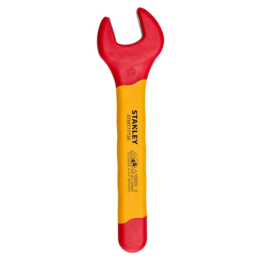 Photo of STANLEY STMT77726-LA insulated open-end wrench, red and yellow, front angle on white background.