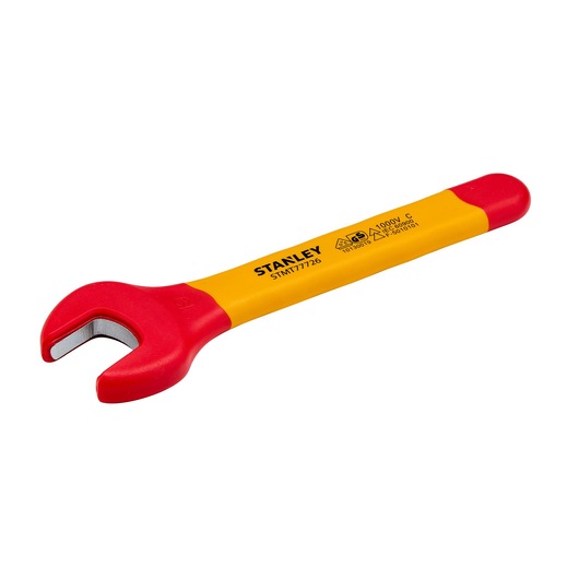 STANLEY STMT77726 insulated open end wrench, red and yellow handle, angled view, on white background.
