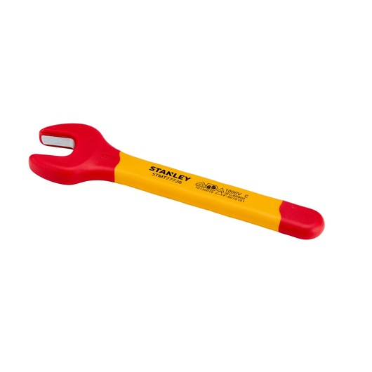 STANLEY STMT77726-LA insulated open-end wrench, yellow handle with red accents, top angle photo.