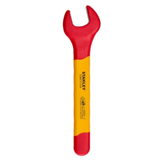 STANLEY STMT77729-LA insulated open-end wrench, yellow and red, front angle on white background.