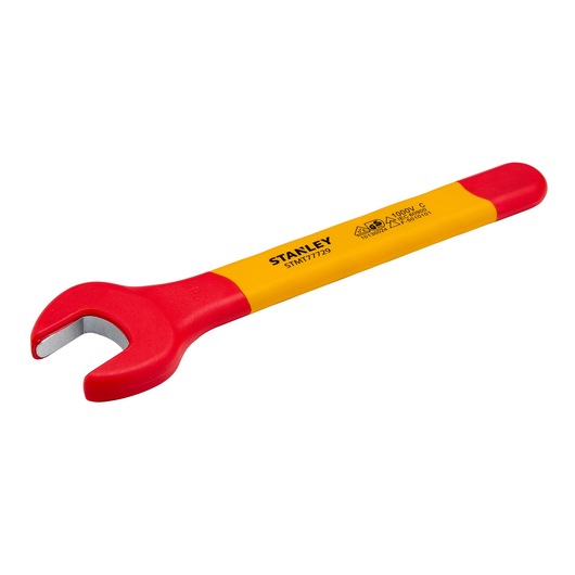 STANLEY STMT77729 insulated open-end wrench, red and yellow handle, product photography on white background.