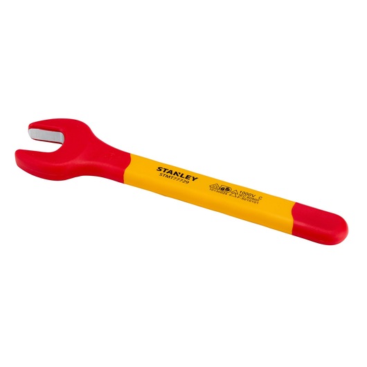 STANLEY STMT77729-LA insulated open end wrench, yellow and red handle, left side view, white background.