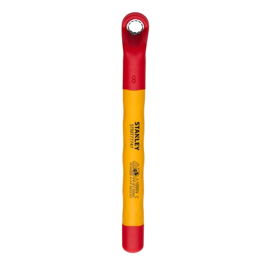 STANLEY STMT77747-LA insulated yellow and red box end wrench, tool category, top view on white background.