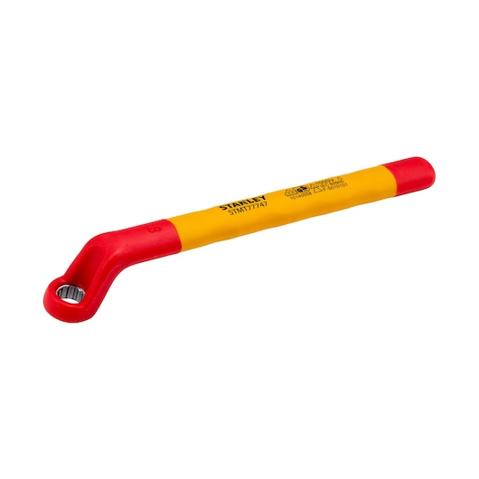 STANLEY STMT77747-LA insulated L-handle socket wrench, red and yellow, side angle, on white background.