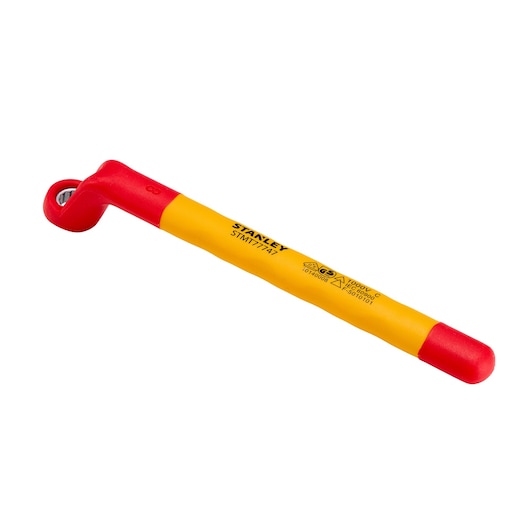 STANLEY STMT77747-LA insulated yellow and red L-shaped socket wrench, side angle on white background.