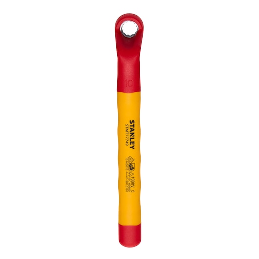 STANLEY STMT77749-LA insulated box end wrench, red and yellow, top view on white background.