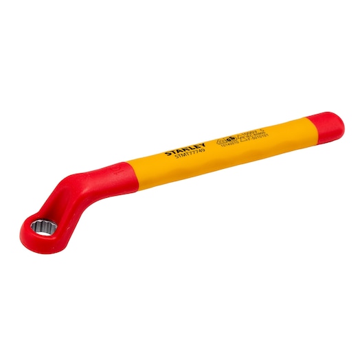 Photo of STANLEY STMT77749-LA insulated box end wrench, red and yellow, angled handle, product photography, white background.