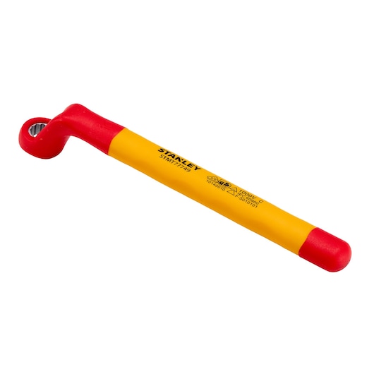 STANLEY STMT77749-LA insulated yellow and red L-shaped wrench, angled product photo on white background.