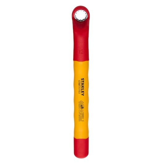 STANLEY STMT77751-LA insulated ratcheting box wrench, yellow and red, front view on white background.