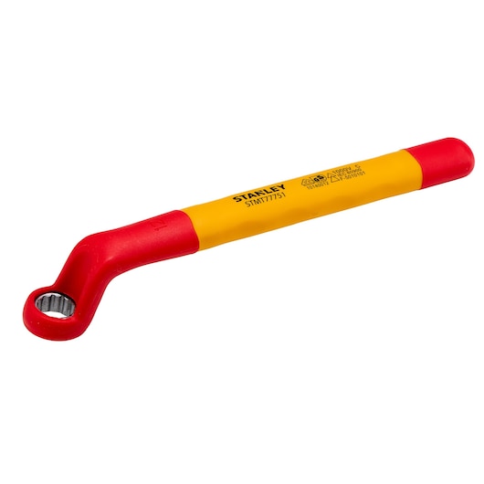 STANLEY STMT77751 insulated box end wrench with red and yellow handle, product angle on white background.