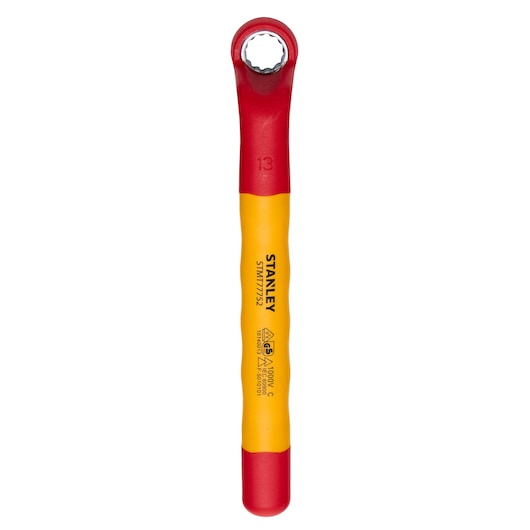 STANLEY STMT77752-LA insulated box end wrench, red and yellow handle, straight-on angle, white background.
