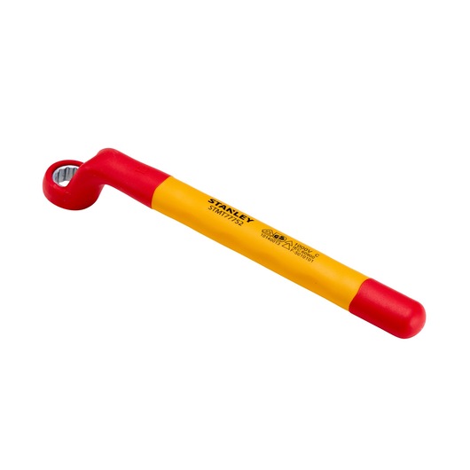 STANLEY STMT77752-LA insulated ratcheting box wrench, yellow and red handle, side angle, photography.