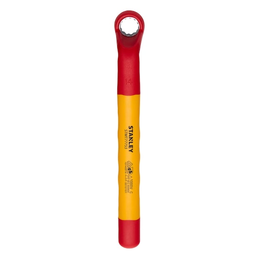 STANLEY STMT77753-LA insulated box end wrench, red and yellow, straight view on white background.