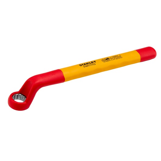STANLEY STMT77753-LA insulated offset box wrench, yellow and red handle, side angle on white background.