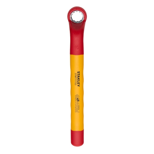 STANLEY STMT77755-LA insulated box end wrench, yellow and red, top view, white background.