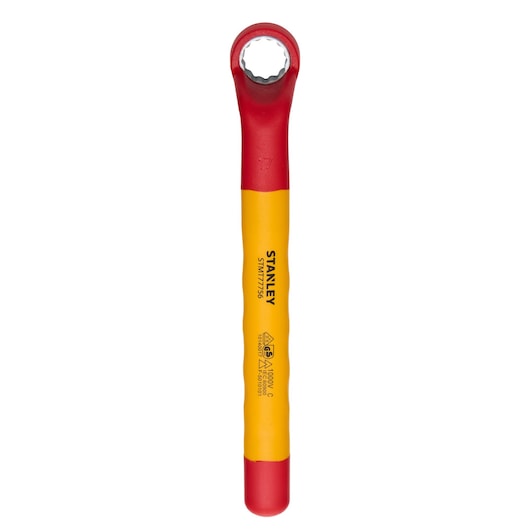 STANLEY STMT77756-LA insulated box end wrench, yellow and red handle, top view, white background.