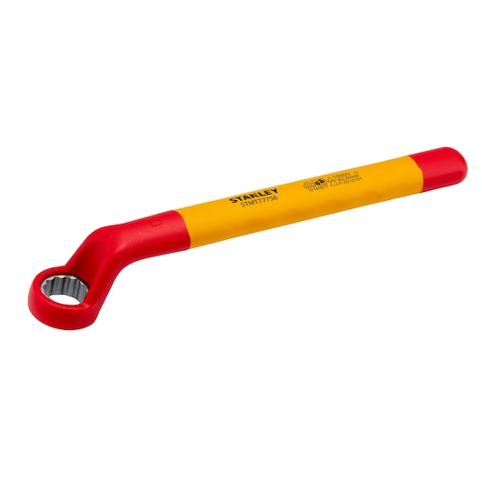 STANLEY STMT77756-LA insulated box end wrench, red and yellow, angled view, on white background.