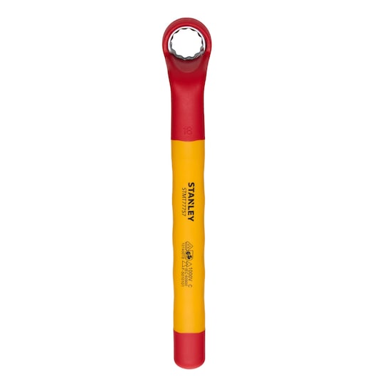 STANLEY STMT77757-LA insulated ratcheting box wrench, yellow and red, straight angle, on white background.
