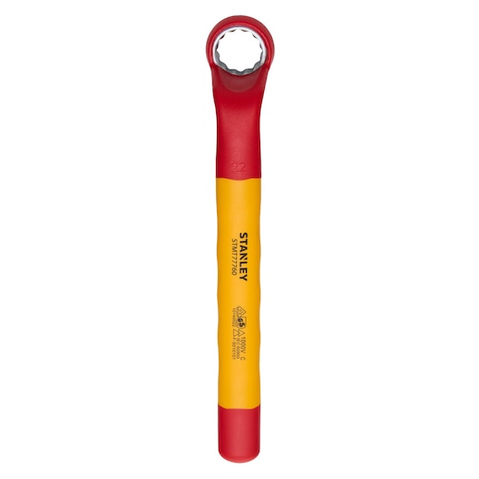 STANLEY STMT77760-LA insulated box end wrench, yellow and red handle, top view on white background.