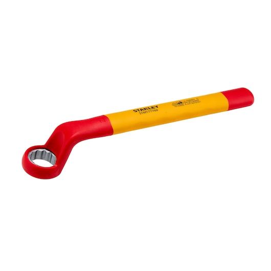 STANLEY STMT77760-LA insulated box wrench in red and yellow, angled view on white background.