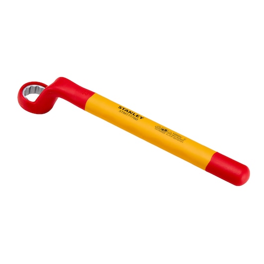 STANLEY STMT77760-LA insulated box end wrench, yellow and red, side angle on white background.