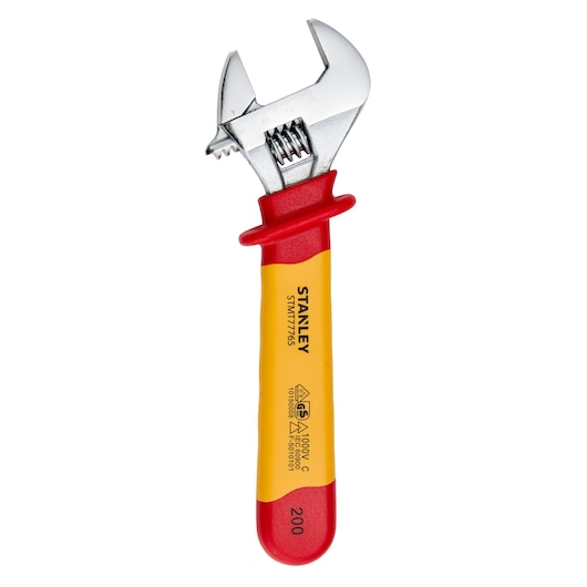 STANLEY STMT77765-LA insulated adjustable wrench, red and yellow handle, product photo on white background, front view.