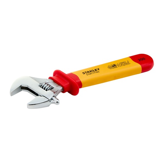 STANLEY STMT77765-LA insulated adjustable wrench with yellow and red handle, angled view on white background.