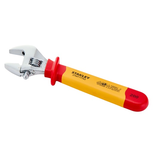STANLEY STMT77765-LA adjustable wrench with red and yellow insulated handle, left side view on white background.