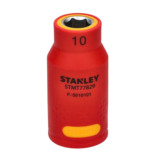 STANLEY STMT77829 insulated socket, red with yellow accents, front angle on white background.
