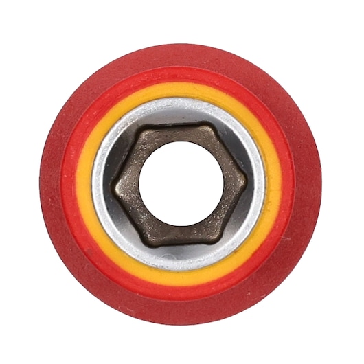 STANLEY STMT77830-LA socket with red and yellow rubber ring, top view, product photography.