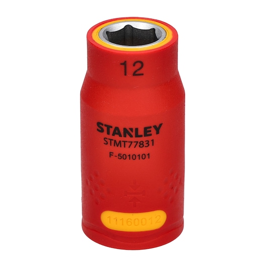 STANLEY STMT77831 insulated red socket, yellow accent, 12mm size, product photography on white background.